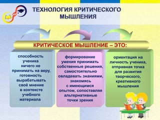 способность
ученика
ничего не
принимать на веру,
готовность
вырабатывать
своё мнение
в контексте
учебного
материала
формирование
умения принимать
собственные решения,
самостоятельно
овладевать знаниями,
знакомясь
с имеющимся
опытом, сопоставляя
альтернативные
точки зрения
КРИТИЧЕСКОЕ МЫШЛЕНИЕ – ЭТО:
ориентация на
личность ученика,
отправная точка
для развития
творческого,
креативного
мышления
 