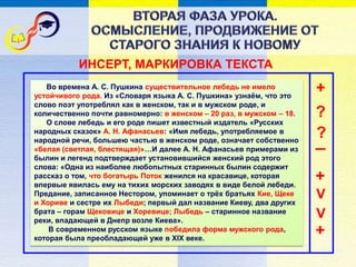 ИНСЕРТ, МАРКИРОВКА ТЕКСТА
Во времена А. С. Пушкина существительное лебедь не имело
устойчивого рода. Из «Словаря языка А. С. Пушкина» узнаём, что это
слово поэт употреблял как в женском, так и в мужском роде, и
количественно почти равномерно: в женском – 20 раз, в мужском – 18.
О слове лебедь и его роде пишет известный издатель «Русских
народных сказок» А. Н. Афанасьев: «Имя лебедь, употребляемое в
народной речи, большею частью в женском роде, означает собственно
«белая (светлая, блестящая)»…И далее А. Н. Афанасьев примерами из
былин и легенд подтверждает установившийся женский род этого
слова: «Одна из наиболее любопытных старинных былин содержит
рассказ о том, что богатырь Поток женился на красавице, которая
впервые явилась ему на тихих морских заводях в виде белой лебеди.
Предание, записанное Нестором, упоминает о трёх братьях Кие, Щеке
и Хориве и сестре их Лыбеди; первый дал название Киеву, два других
брата – горам Щековице и Хоревице; Лыбедь – старинное название
реки, впадающей в Днепр возле Киева».
В современном русском языке победила форма мужского рода,
которая была преобладающей уже в XIX веке.
+
?
?
_
V
+
V
+
 