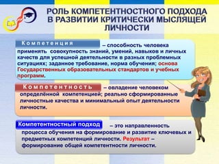 К о м п е т е н ц и я – способность человека
применять совокупность знаний, умений, навыков и личных
качеств для успешной деятельности в разных проблемных
ситуациях; заданное требование, норма обучения; основа
Государственных образовательных стандартов и учебных
программ.
К о м п е т е н т н о с т ь
Компетентностный подход
– овладение человеком
определённой компетенцией; реально сформированные
личностные качества и минимальный опыт деятельности
личности.
– это направленность
процесса обучения на формирование и развитие ключевых и
предметных компетенций личности. Результат –
формирование общей компетентности личности.
 