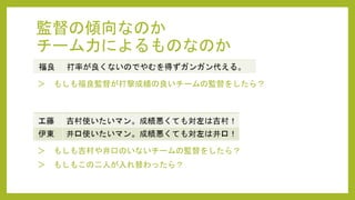 監督の傾向なのか
チーム力によるものなのか
＞ もしも福良監督が打撃成績の良いチームの監督をしたら？
＞ もしも吉村や井口のいないチームの監督をしたら？
＞ もしもこの二人が入れ替わったら？
 