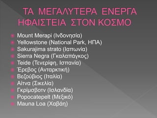  Mount Merapi (Ινδονησία)
 Yellowstone (National Park, ΗΠΑ)
 Sakurajima strato (Ιαπωνία)
 Sierra Negra (Γκαλαπάγκος)
 Teide (Τενερίφη, Ισπανία)
 Έρεβος (Ανταρκτική)
 Βεζούβιος (Ιταλία)
 Αίτνα (Σικελία)
 Γκρίμσβοτν (Ισλανδία)
 Popocatepelt (Μεξικό)
 Mauna Loa (Χαβάη)
 