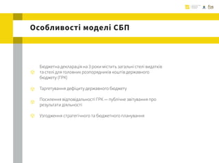 Особливості моделі СБП
Бюджетна декларація на 3 роки містить загальні стелі видатків
та стелі для головних розпорядників коштів державного
бюджету (ГРК)
Таргетування дефіциту державного бюджету
Посилення відповідальності ГРК — публічне звітування про
результати діяльності
Узгодження стратегічного та бюджетного планування
 