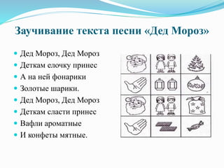 Заучивание текста песни «Дед Мороз»
 Дед Мороз, Дед Мороз
 Деткам елочку принес
 А на ней фонарики
 Золотые шарики.
 Дед Мороз, Дед Мороз
 Деткам сласти принес
 Вафли ароматные
 И конфеты мятные.
 