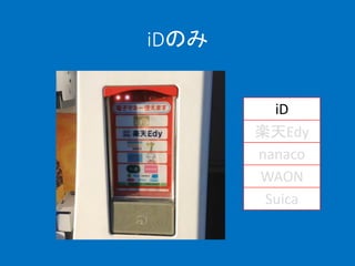 iDのみ
iD
楽天Edy
nanaco
WAON
Suica
 