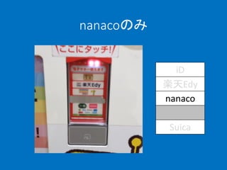 nanacoのみ
iD
楽天Edy
nanaco
WAON
Suica
 