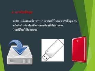 4. การเก็บข้อมูล
จะทาการเก็บผลลัพธ์จากการประมวลผลไว้ในหน่วยเก็บข้อมูล เช่น
ฮาร์ดดิสก์ แฟลชไดรฟ์ เอทานอลดิส เพื่อให้สามารถ
นามาใช้ใหม่ได้ในอนาคต
 