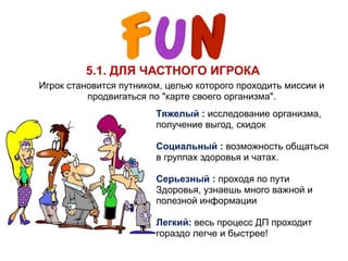 5.1. ДЛЯ ЧАСТНОГО ИГРОКА
 
Тяжелый : исследование организма,
получение выгод, скидок
Социальный : возможность общаться
в группах здоровья и чатах.
Серьезный : проходя по пути
Здоровья, узнаешь много важной и
полезной информации
Легкий: весь процесс ДП проходит
гораздо легче и быстрее!
Игрок становится путником, целью которого проходить миссии и
продвигаться по "карте своего организма".
 