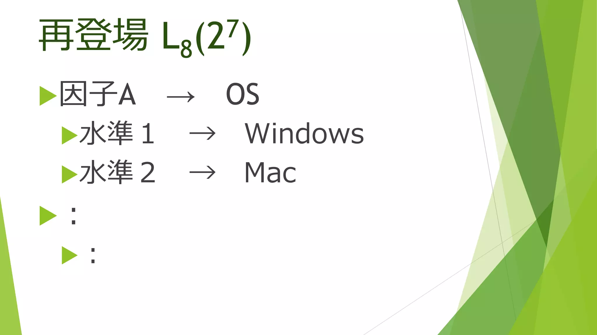 再登場 L8(27)
因子A → OS
水準１ → Windows
水準２ → Mac
：
：
 