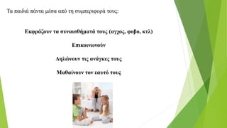Τα παιδιά πάντα μέσα από τη συμπεριφορά τους:
Εκφράζουν τα συναισθήματά τους (αγχος, φοβο, κτλ)
Επικοινωνούν
Δηλώνουν τις ανάγκες τους
Μαθαίνουν τον εαυτό τους
 