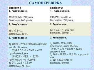 Варіант 1
1. Розв'язання.
1200*0,14=168 учнів
Відповідь.168 учнів.
Варіант 2
1. Розв'язання.
2400*0,12=288 кг
Відповідь.168 учнів.
2. Розв'язання.
48 : 0,6= м
Відповідь. 80 м.
2. Розв'язання.
85 : 0,34 = 250 грн.
Відповідь. 250 грн.
3. Розв'язання.
1) 100% - 20%= 80% припадає
на ІІ і ІІІ день.
2) 0,8 * 0, 6 = 0,48 = 48%
пройшли ІІ дня
3) 80% - 48% = 32% -
припадає на ІІІ день
4) 24 : 0,32 = 75 км
Відповідь. 75 км.
3. Розв'язання.
1) 100% - 30%= 70%
припадає на ІІ і ІІІ день.
2) 0,7 * 0,75 = 0,525 = 52,5% -
зорали ІІ дня
3) 70% - 52,5% = 17,5 % - зорали ІІІ
дня
4) 42: 0,175 = 240 га
Відповідь. 240 га.
САМОПЕРЕВІРКА
 