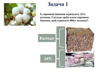 Із сировини бавовни отримують 24%
волокна. Скільки треба взяти сировини
бавовни, щоб отримати 480кг волокна?
24%
Відходи
Задача 1
 