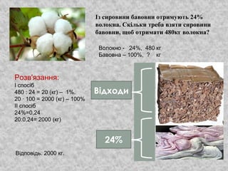 Із сировини бавовни отримують 24%
волокна. Скільки треба взяти сировини
бавовни, щоб отримати 480кг волокна?
Волокно - 24%, 480 кг
Бавовна – 100%, ? кг
Розв'язання:
І спосіб
480 : 24 = 20 (кг) – 1%.
20 · 100 = 2000 (кг) – 100%
ІІ спосіб
24%=0,24
20:0,24= 2000 (кг)
Відповідь. 2000 кг.
24%
Відходи
 