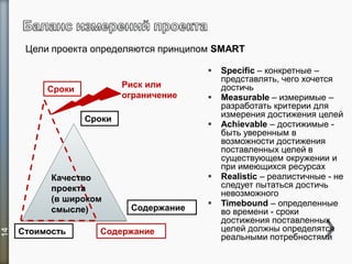 14
Сроки
Стоимость
Качество
проекта
(в широком
смысле)
Цели проекта определяются принципом SMART
 Specific – конкретные –
представлять, чего хочется
достичь
 Measurable – измеримые –
разработать критерии для
измерения достижения целей
 Achievable – достижимые -
быть уверенным в
возможности достижения
поставленных целей в
существующем окружении и
при имеющихся ресурсах
 Realistic – реалистичные - не
следует пытаться достичь
невозможного
 Timebound – определенные
во времени - сроки
достижения поставленных
целей должны определятся
реальными потребностями
Содержание
Риск или
ограничение
Сроки
Содержание
 