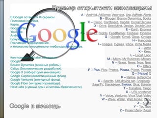 A – Android, AdSense, Analytics, Ara, AdMob, Alerts
B – Blogger, Boston Dynamics, Books
C – Calico, Cardboard, Capital, Contact lenses
D – Drive, DeepMind, Design, DoubleClick
E – Earth, Express
F – Fiber, Fi, Flights, FeedBurner, Firebase, Finance
G – Google, Gmail, Glass, Groups
H – Hangouts
I – Images, Ingress, Inbox, Invite Media
J – Jump
K – Keep
L – Local, Loon
M – Maps, My Business, Makani
N – Nexus, News, Now, Nest
O – Offers
P – Plus, Play, Photos, Picasa, Pixate, Patents
Q – [Nexus] Q
R – Refine, reCaptcha
S – Search, Self-driving car, Shopping,
SageTV, Stackdriver, Skybox, Skia, Scholar
T – Translate, Tango
U – URL shortener
V – Voice, Ventures, VirusTotal, Video
W – Wear, Wallet, Web Toolkit, Wing
X – X labs
Y – YouTube
Z – Project Zero, Zagat
В Google останутся IT-сервисы:
Поисковая система.
Карты.
Google Play.
YouTube.
Android.
Браузер Chrome.
Рекламное подразделение.
и множество относительно «небольших» проектов.
Конгломерат Alphabet объединит:
Google.
Boston Dynamics (военные роботы).
Calico (биотехнические разработки).
Google X (лаборатория инноваций).
Google Capital (инвестиционный фонд).
Google Ventures (венчурный фонд).
Google Fiber (интернет-провайдер).
Nest Labs («умный дом» и системы безопасности).
 