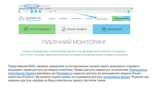Представники NGO, великих замовників та контролюючих органів мають можливість отримати
розширені права доступу до модуля аналітики. Права доступу надаються за рішенням Transparency
International Україна відповідно до Регламенту надання доступу до розширеного модулю бізнес-
аналітики ProZorro. Ви можете подати заявку на отримання доступу заповнивши форму. Рішення про
надання доступу надійде на Вашу електронну адресу протягом тижня.
 