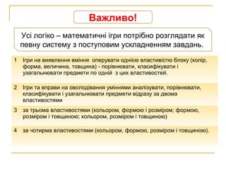 Важливо!
Усі логіко – математичні ігри потрібно розглядати як
певну систему з поступовим ускладненням завдань.
1 Ігри на виявлення вміння оперувати однією властивістю блоку (колір,
форма, величина, товщина) - порівнювати, класифікувати і
узагальнювати предмети по одній з цих властивостей.
2 Ігри та вправи на оволодівання уміннями аналізувати, порівнювати,
класифікувати і узагальнювати предмети відразу за двома
властивостями
3 за трьома властивостями (кольором, формою і розміром; формою,
розміром і товщиною; кольором, розміром і товщиною)
4 за чотирма властивостями (кольором, формою, розміром і товщиною).
 