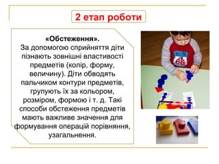 2 етап роботи
«Обстеження».
За допомогою сприйняття діти
пізнають зовнішні властивості
предметів (колір, форму,
величину). Діти обводять
пальчиком контури предметів,
групують їх за кольором,
розміром, формою і т. д. Такі
способи обстеження предметів
мають важливе значення для
формування операцій порівняння,
узагальнення.
 