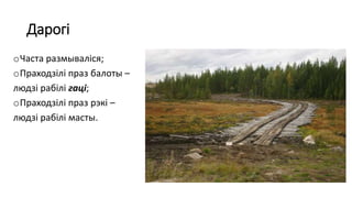 Дарогі
oЧаста размываліся;
oПраходзілі праз балоты –
людзі рабілі гаці;
oПраходзілі праз рэкі –
людзі рабілі масты.
 
