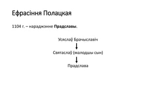 Ефрасіння Полацкая
1104 г. – нараджэнне Прадславы.
Усяслаў Брачыславіч
Святаслаў (малодшы сын)
Прадслава
 