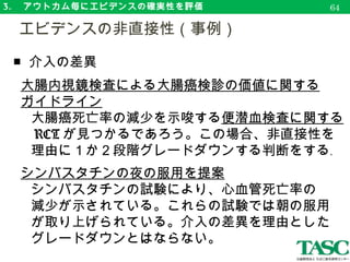 3. 　アウトカム毎にエビデンスの確実性を評価
■ ネットワークメタアナリシスの GRADE 評価
ネットワークメタアナリシスにおける質の高い
エビデンスが認められ、かつ効果サイズが
大きければ、推定値に対する確信は高い。
　　・個々の研究の RoB が低く、出版バイアスの可能性が低い。
　　・直接比較と間接比較との間で結果が一致していること。
　　　　　　　　　　　　　　　　　　　　　　　　　　など
　エビデンスの非直接性（事例）
67
 