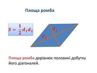 Площа ромба
Площа ромба дорівнює половині добутку
його діагоналей.
 