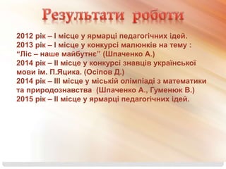 2012 рік – І місце у ярмарці педагогічних ідей.
2013 рік – І місце у конкурсі малюнків на тему :
“Ліс – наше майбутнє” (Шпаченко А.)
2014 рік – ІІ місце у конкурсі знавців української
мови ім. П.Яцика. (Осіпов Д.)
2014 рік – ІІІ місце у міській олімпіаді з математики
та природознавства (Шпаченко А., Гуменюк В.)
2015 рік – ІІ місце у ярмарці педагогічних ідей.
 