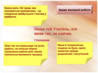 Кредо виховної роботи
Кожна мить тієї праці, яка
називається вихованням, - це
створення майбутнього і погляд у
майбутнє.
Ніщо так не спрацьовує на успіх,
радість, як спільна творча
позакласна робота всіх членів
навчально-виховного процесу.
Якою б талановитою
людина не була, проте
колектив завжди
розумніший і могутніший.
 