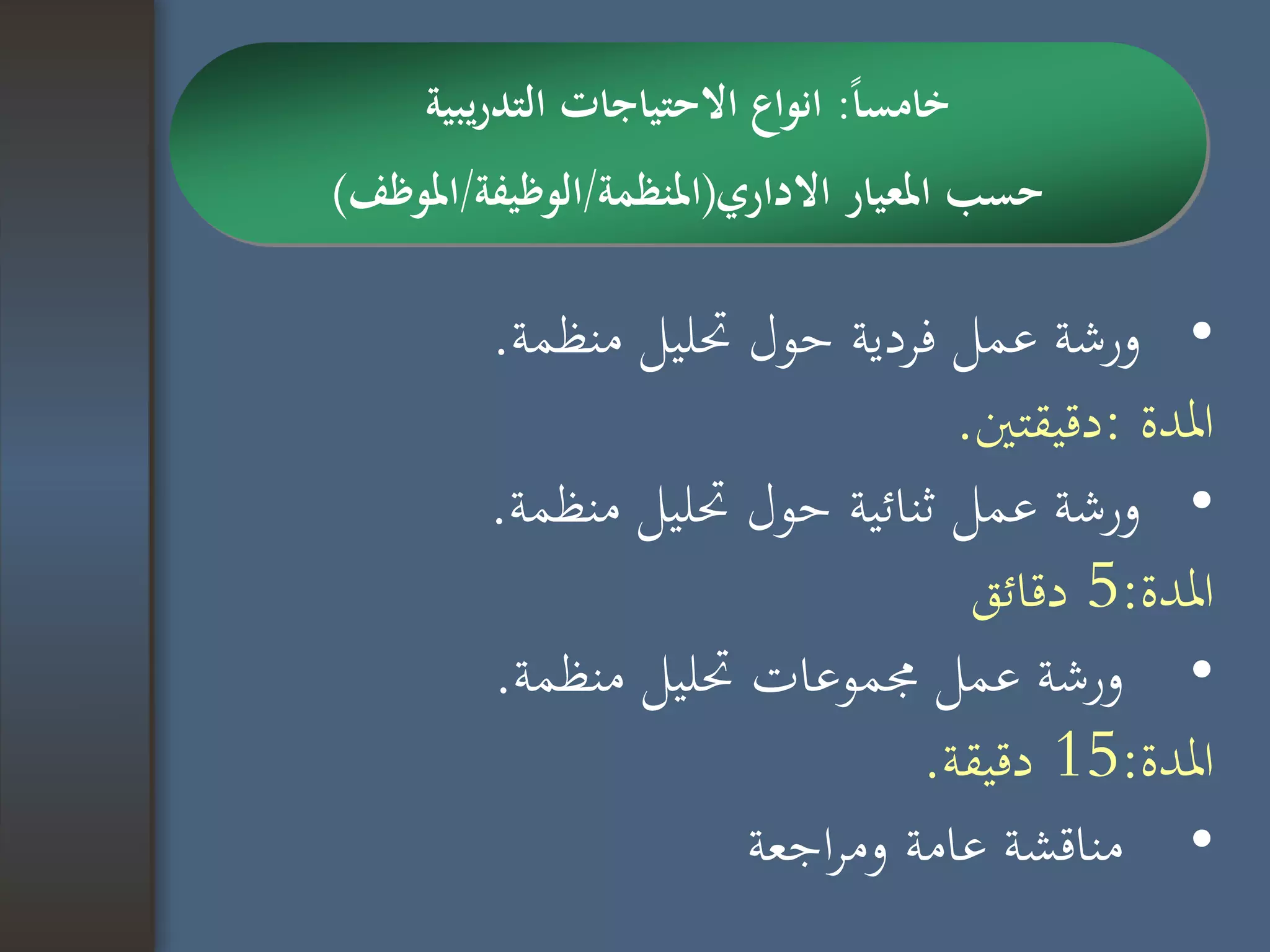 •‫منظمة‬ ‫حتليل‬ ‫حول‬ ‫فردية‬ ‫عمل‬ ‫ورشة‬.
‫املدة‬:‫دقيقتني‬.
•‫منظمة‬ ‫حتليل‬ ‫حول‬ ‫ثنائية‬ ‫عمل‬ ‫ورشة‬.
‫املدة‬:5‫دقائق‬
•‫منظمة‬ ‫حتليل‬ ‫جمموعات‬ ‫عمل‬ ‫ورشة‬.
‫املدة‬:15‫دقيقة‬.
•‫اجعة‬‫ر‬‫وم‬ ‫عامة‬ ‫مناقشة‬
‫ا‬‫ا‬‫خامس‬:‫يبية‬‫ر‬‫التد‬ ‫االحتياجات‬ ‫انواع‬
‫االداري‬ ‫املعيار‬ ‫حسب‬(‫املنظمة‬/‫الوظيفة‬/‫املوظف‬)
 