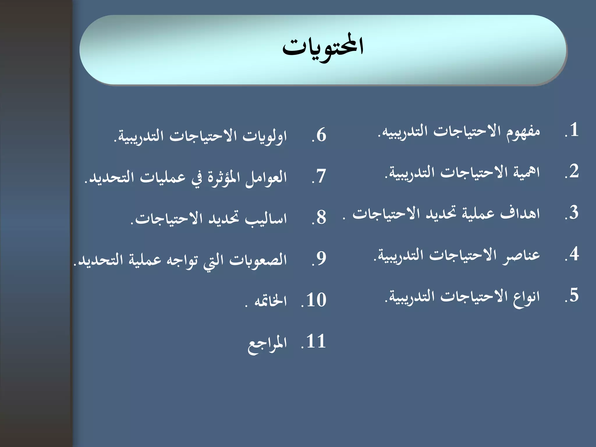 ‫احملتوايت‬
.1‫يبيه‬‫ر‬‫التد‬ ‫االحتياجات‬ ‫مفهوم‬.
.2‫يبية‬‫ر‬‫التد‬ ‫االحتياجات‬ ‫امهية‬.
.3‫االحتياجات‬ ‫حتديد‬ ‫عملية‬ ‫اهداف‬.
.4‫يبية‬‫ر‬‫التد‬ ‫االحتياجات‬ ‫عناصر‬.
.5‫يبية‬‫ر‬‫التد‬ ‫االحتياجات‬ ‫انواع‬.
.6‫يبية‬‫ر‬‫التد‬ ‫االحتياجات‬ ‫اولوايت‬.
.7‫التح‬ ‫عمليات‬ ‫يف‬ ‫املؤثرة‬ ‫العوامل‬‫ديد‬.
.8‫االحتياجات‬ ‫حتديد‬ ‫اساليب‬.
.9‫ال‬ ‫عملية‬ ‫تواجه‬ ‫اليت‬ ‫الصعوابت‬‫تحديد‬.
.10‫اخلامته‬.
.11‫اجع‬‫ر‬‫امل‬
 