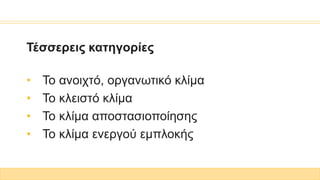 Τέσσερεις κατηγορίες
• Το ανοιχτό, οργανωτικό κλίμα
• Το κλειστό κλίμα
• Το κλίμα αποστασιοποίησης
• Το κλίμα ενεργού εμπλοκής
 