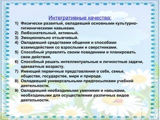 Интегративные качества:
1) Физически развитый, овладевший основными культурно-
гигиеническими навыками.
2) Любознательный, активный.
3) Эмоционально отзывчивый.
4) Овладевший средствами общения и способами
взаимодействия со взрослыми и сверстниками.
5) Способный управлять своим поведением и планировать
свои действия.
6) Способный решать интеллектуальные и личностные задачи,
адекватные возрасту.
7) Имеющий первичные представления о себе, семье,
обществе, государстве, мире и природе.
8) Овладевший универсальными предпосылками учебной
деятельности.
9) Овладевший необходимыми умениями и навыками,
необходимыми для осуществления различных видов
деятельности.
 