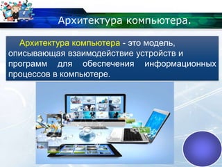 Архитектура компьютера - это модель,
описывающая взаимодействие устройств и
программ для обеспечения информационных
процессов в компьютере.
Архитектура компьютера.
 