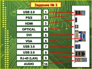 Задание № 3Задание № 3
11
22
33
44
55
66
77
88
99
USB 2.0USB 2.0
1010
PS/2PS/2
HDMIHDMI
OPTICALOPTICAL
DVIDVI
VGAVGA
USB 3.0USB 3.0
USB 2.0USB 2.0
RJ-45 (LAN)RJ-45 (LAN)
AUDIOAUDIO
 