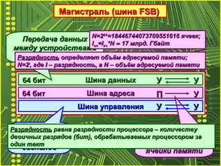 Магистраль (шина FSB)Магистраль (шина FSB)
Шина данныхШина данных
Шина адресаШина адреса
Шина управленияШина управления
Передача данныхПередача данных
между устройствамимежду устройствами
компьютеракомпьютера
ВыборВыбор
устройства илиустройства или
ячейки памятиячейки памяти
ПередачаПередача
управляющихуправляющих
сигналовсигналов
РазрядностьРазрядность равна разрядности процессора – количествуравна разрядности процессора – количеству
двоичных разрядов (бит), обрабатываемых процессором задвоичных разрядов (бит), обрабатываемых процессором за
один тактодин такт
УУ УУ
ПП УУ
РазрядностьРазрядность определяет объём адресуемой памяти;определяет объём адресуемой памяти;
N=2N=2II
, где I – разрядность, а N – объём адресуемой памяти, где I – разрядность, а N – объём адресуемой памяти
64 бит64 бит
64 бит64 бит
N=2N=26464
=18446744073709551616 ячеек;=18446744073709551616 ячеек;
IIопоп=I=Iячяч*N*N ≈≈ 17 млрд. Гбайт17 млрд. Гбайт
УУ УУ
 