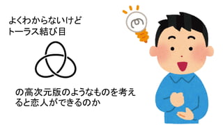 よくわからないけど
トーラス結び目
の高次元版のようなものを考え
ると恋人ができるのか
 