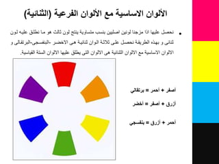 ‫الفرعية‬ ‫األلوان‬ ‫مع‬ ‫االساسية‬ ‫األلوان‬(‫الثنائية‬)
•‫متساوٌة‬ ‫بنسب‬ ‫اصلٌٌن‬ ‫لونٌن‬ ‫مزجنا‬ ‫اذا‬ ‫علٌها‬ ‫نحص‬ٌ‫نتع‬‫للون‬ ‫علٌل‬ ‫نطلل‬ ‫ملا‬ ‫هو‬ ‫ثاله‬ ‫لون‬
‫االخضلر‬ ‫هلى‬ ‫ثنائٌلة‬ ‫اللوان‬ ‫ثلة‬ ‫ث‬ ‫عللى‬ ‫نحصل‬ ‫الطرٌقلة‬ ‫بهلذه‬ ‫و‬ ‫ثنائى‬-‫البنفسلجى‬-‫و‬ ‫البرتقلالى‬
‫الستة‬ ‫االلوان‬ ‫علٌها‬ ‫ٌطل‬ ‫التى‬ ‫االلوان‬ ‫هى‬ ‫الثنائٌة‬ ‫االلوان‬ ‫مع‬ ‫االساسٌة‬ ‫االلوان‬‫القٌاسٌة‬.
‫أصفر‬+‫أحمر‬=‫برتقالي‬
‫أزرق‬+‫أصفر‬=‫أخضر‬
‫أحمر‬+‫أزرق‬=‫بنفسجي‬
 