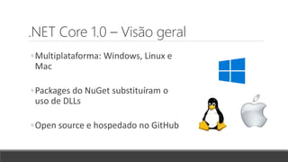 .NET Core 1.0 – Visão geral
◦Multiplataforma: Windows, Linux e
Mac
◦Packages do NuGet substituíram o
uso de DLLs
◦Open source e hospedado no GitHub
 