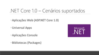 .NET Core 1.0 – Cenários suportados
◦Aplicações Web (ASP.NET Core 1.0)
◦Universal Apps
◦Aplicações Console
◦Bibliotecas (Packages)
 
