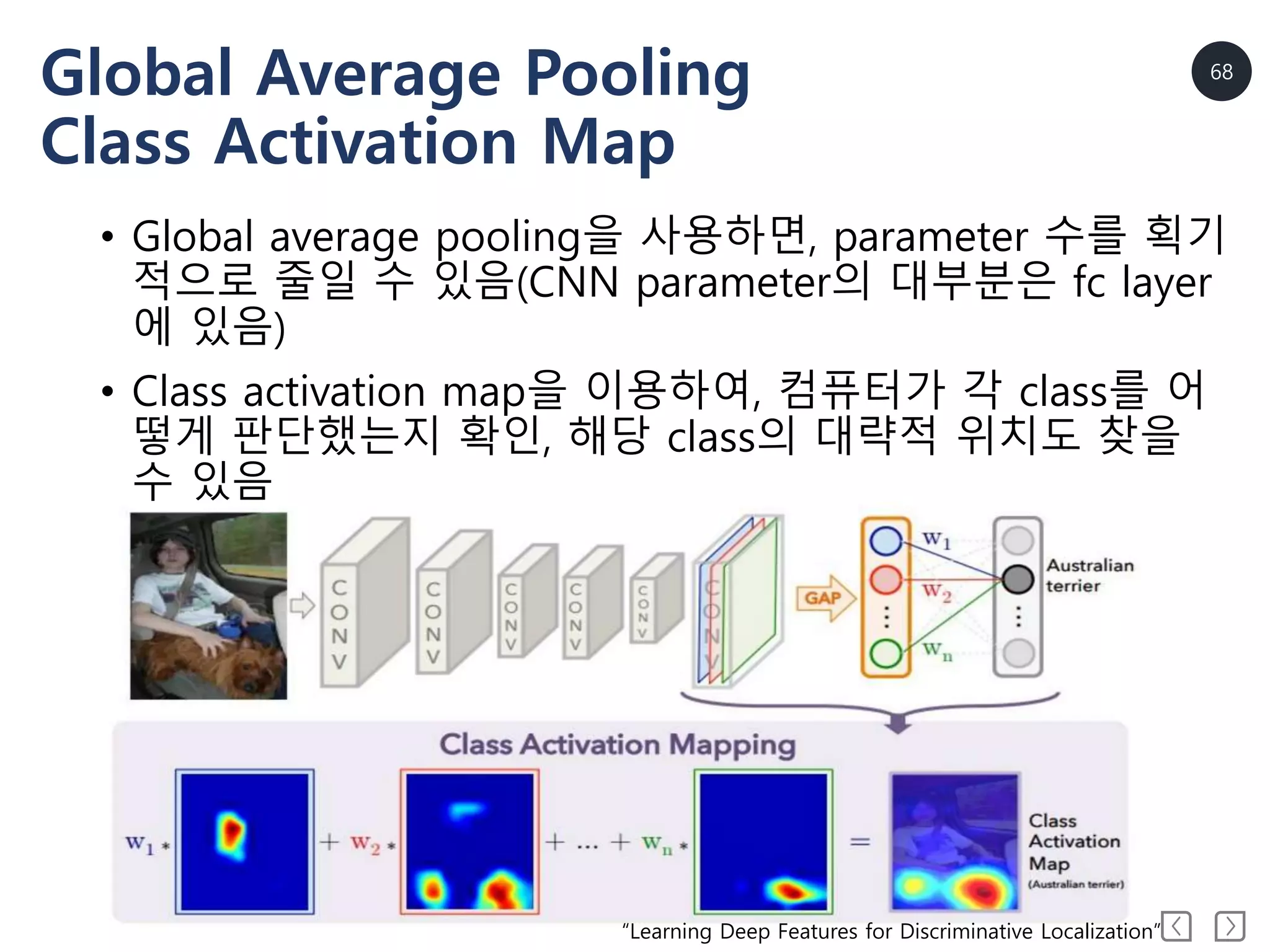 68
Global Average Pooling
Class Activation Map
• Global average pooling을 사용하면, parameter 수를 획기
적으로 줄일 수 있음(CNN parameter의 대부분은 fc layer
에 있음)
• Class activation map을 이용하여, 컴퓨터가 각 class를 어
떻게 판단했는지 확인, 해당 class의 대략적 위치도 찾을
수 있음
“Learning Deep Features for Discriminative Localization”
 