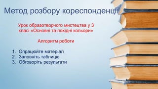 Метод розбору кореспонденції
Урок образотворчого мистецтва у 3
класі «Основні та похідні кольори»
Алгоритм роботи
1. Опрацюйте матеріал
2. Заповніть таблицю
3. Обговоріть результати
 