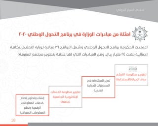 ‫اﻟﺪوﻟﻲ‬ ‫اﺳﺒﺎر‬ ‫ﻣﻨﺘﺪى‬
18
2020 ‫الوطني‬ ‫التحول‬ ‫برنامج‬ ‫في‬ ‫الوزارة‬ ‫مبادرات‬ ‫من‬ ‫أمثلة‬
‫ـة‬‫ـ‬‫بتكلف‬ ‫ـم‬‫ـ‬‫التعلي‬ ‫ـوزارة‬‫ـ‬‫ل‬ ‫ـادرة‬‫ـ‬‫مب‬ 36 ‫ـج‬‫ـ‬‫البرنام‬ ‫ـمل‬‫ـ‬‫وش‬ ‫ـي‬‫ـ‬‫الوطن‬ ‫ـول‬‫ـ‬‫التح‬ ‫ـج‬‫ـ‬‫برنام‬ ‫ـة‬‫ـ‬‫الحكوم‬ ‫ـدت‬‫ـ‬‫اعتم‬
:‫ـة‬‫ـ‬‫المعرف‬ ‫ـع‬‫ـ‬‫مجتم‬ ‫ـر‬‫ـ‬‫بتطوي‬ ‫ـة‬‫ـ‬‫عالق‬ ‫ـا‬‫ـ‬‫له‬ ‫ـي‬‫ـ‬‫الت‬ ‫ـادرات‬‫ـ‬‫المب‬ ‫ـن‬‫ـ‬‫وم‬ ،‫ـال‬‫ـ‬‫ري‬ ‫ـار‬‫ـ‬‫ملي‬ 24 ‫ـت‬‫ـ‬‫بلغ‬ ‫ـة‬‫ـ‬‫إجمالي‬
‫التعلــم‬ ‫منظومــة‬ ‫تطويــر‬
)‫ـتدامة‬‫ـ‬‫(االس‬ ‫ـاة‬‫ـ‬‫الحي‬ ‫ـدى‬‫ـ‬‫م‬
‫الخدمات‬ ‫منظومة‬ ‫تطوير‬
‫الجامعية‬ ‫اإللكترونية‬
)‫(جامعة‬
‫في‬ ‫المشاركة‬ ‫تعزيز‬
‫الدولية‬ ‫المسابقات‬
‫العلمية‬
‫نظام‬ ‫وتطوير‬ ‫إنشاء‬
‫المعلومات‬ ‫خدمات‬
‫ونظم‬ ‫الرقمية‬
‫الجغرافية‬ ‫المعلومات‬
 