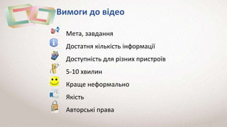 Вимоги до відео
Мета, завдання
Достатня кількість інформації
Доступність для різних пристроїв
5-10 хвилин
Краще неформально
Якість
Авторські права
 