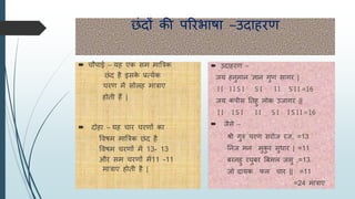 छंदों की परिभाषा –उदाहिि
 चौपाई – यह एक म मात्रत्रक
छंद है इ के प्रत्येक
चिि में ोलह मात्राए
होती हैं |
 दोहा – यह चाि चििों का
विषम मात्रत्रक छंद है
विषम चििों में 13- 13
औि म चििों में11 -11
मात्राए होती है |
 उदाहिि –
जय हनुमान ज्ञान गुि ागि |
I I I I S I S I I I S I I =16
जय कपी ततहु लोक उजागि ||
I I I S I I I S I I S I I =16
 जै े –
श्री गुरु चिि िोज िज, =13
तनज मन मुकु ि ुधाि | =11
बिनहु िघुबि त्रबमल ज ु ,=13
जो दायक फल चाि || =11
=24 मात्राए
 
