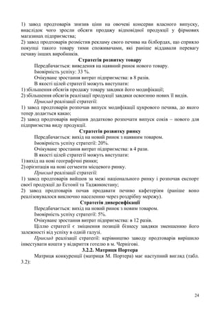 24
1) завод продтоварів знизив ціни на овочеві консерви власного випуску,
внаслідок чого зросли обсяги продажу відповідної продукції у фірмових
магазинах підприємства;
2) завод продтоварів розмістив рекламу свого печива на білбордах, що сприяло
покупці такого товару тими споживачами, які раніше віддавали перевагу
печиву інших виробників.
Стратегія розвитку товару
Передбачається: виведення на наявний ринок нового товару.
Імовірність успіху: 33 %.
Очікуване зростання витрат підприємства: в 8 разів.
В якості цілей стратегії можуть виступати:
1) збільшення обсягів продажу товару завдяки його модифікації;
2) збільшення обсягів реалізації продукції завдяки освоєнню нових її видів.
Приклад реалізації стратегії:
1) завод продтоварів розпочав випуск модифікації цукрового печива, до якого
тепер додається какао;
2) завод продтоварів вирішив додатково розпочати випуск соків – нового для
підприємства виду продукції.
Стратегія розвитку ринку
Передбачається: вихід на новий ринок з наявним товаром.
Імовірність успіху стратегії: 20%.
Очікуване зростання витрат підприємства: в 4 рази.
В якості цілей стратегії можуть виступати:
1) вихід на нові географічні ринки;
2) орієнтація на нові сегменти місцевого ринку.
Приклад реалізації стратегії:
1) завод продтоварів вийшов за межі національного ринку і розпочав експорт
своєї продукції до Естонії та Таджикистану;
2) завод продтоварів почав продавати печиво кафетеріям (раніше воно
реалізовувалося виключно населенню через роздрібну мережу).
Стратегія диверсифікації
Передбачається: вихід на новий ринок з новим товаром.
Імовірність успіху стратегії: 5%.
Очікуване зростання витрат підприємства: в 12 разів.
Ціллю стратегії є зміцнення позицій бізнесу завдяки зменшенню його
залежності від успіху в одній галузі.
Приклад реалізації стратегії: керівництво заводу продтоварів вирішило
інвестувати кошти у відкриття готелю в м. Чернігові.
3.2.2. Матриця Портера
Матриця конкуренції (матриця М. Портера) має наступний вигляд (табл.
3.2):
 
