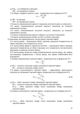 58
де СБпр – це собівартість продажу;
МЗ – це матеріальні запаси;
1.3) оборот товарних запасів у днях – розраховується за формулою 8.2:
ПР
МЗ
ОТЗ
360
 (8.2)
де ПР – це продаж;
МЗ – це матеріальні запаси;
1.4) аналіз співвідношення вартості замовлень поточного року до минулого;
1.5) аналіз співвідношення загальної вартості замовлень до кількості
замовників в цілому;
1.6) аналіз співвідношення загальної кількості замовлень до кількості
замовників в цілому;
1.7) аналіз співвідношення вартості обороту до кількості продавців;
1.8) аналіз співвідношення витрат на збут до обсягу продажу;
2) показники, які характеризують частку ринку торгової марки:
2.1) частка ринку – відношення обсягу продажу продукції підприємства до
обсягу продажу усіх підприємств галузі;
2.2) частка ринку фірми в окремому сегменті – відношення обсягу продажу
продукції підприємства до обсягу продажу усіх підприємств, які реалізують
продукцію в певному сегменті ринку;
2.3) частка ринку відносно лідера (співвідношення частки ринку, яку займає
досліджуване підприємство, і частки ринку, яку займає найбільший його
конкурент);
2.4) рівень проникнення торгової марки – розраховується за формулою 8.3:
ТГ
ТМ
ТМ
П
П
РП  (8.3)
де ПТМ – кількість покупців товару оцінюваної торгової марки;
ПТГ – кількість покупців товару галузі;
2.5) рівень ексклюзивності торгової марки – характеризує прихильність
покупців до оцінюваної торгової марки і розраховується за формулою 8.4:
ТМ
ГТМ
ТМ
ТМ
ТМ
П
О
П
О
РЕ  (8.4)
де ОТМ – обсяг закупівлі товару оцінюваної торгової марки;
ПТМ – кількість покупців товару оцінюваної торгової марки;
ОГТМ – обсяг закупівлі товару галузі покупцями товару оцінюваної
торгової марки.
2.6) рівень інтенсивності торгової марки – розраховується за формулою 8.5:
ТГ
Г
ТМ
ГТМ
ТМ
П
О
П
О
РІ  (8.5)
де ОГТМ – обсяг закупівлі товару галузі покупцями товару оцінюваної
торгової марки;
 
