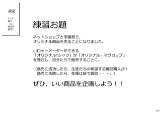 練習お題
ネットショップと学園祭で、
オリジナル商品を売ることになりました。
小ロットオーダーができる
「オリジナルTシャツ」か「オリジナル・マグカップ」
を発注し、⾃分たちで販売することに。
（商売に成功したら、生徒たちの希望する備品購入が︕
商売に失敗したら、在庫は皆で買取・・・。）
ぜひ、いい商品を企画しよう︕︕
設定
テーマ
紹介
（及び、
状況の
設定）
112
 