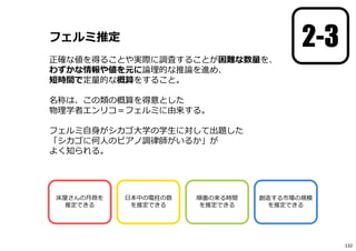フェルミ推定
正確な値を得ることや実際に調査することが困難な数量を、
わずかな情報や値を元に論理的な推論を進め、
短時間で定量的な概算をすること。
名称は、この類の概算を得意とした
物理学者エンリコ＝フェルミに由来する。
フェルミ⾃身がシカゴ大学の学生に対して出題した
「シカゴに何人のピアノ調律師がいるか」が
よく知られる。
床屋さんの月商を
推定できる
日本中の電柱の数
を推定できる
順番の来る時間
を推定できる
創造する市場の規模
を推定できる
2-3
132
 