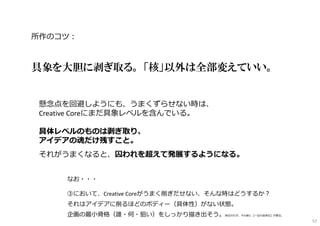 所作のコツ︓
具象を大胆に剥ぎ取る。 「核」以外は全部変えていい。
懸念点を回避しようにも、うまくずらせない時は、
Creative Coreにまだ具象レベルを含んでいる。
具体レベルのものは剥ぎ取り、
アイデアの魂だけ残すこと。
それがうまくなると、囚われを超えて発展するようになる。
なお・・・
③において、Creative Coreがうまく削ぎだせない、そんな時はどうするか︖
それはアイデアに削るほどのボディー（具体性）がない状態。
企画の最小骨格（誰・何・狙い）をしっかり描き出そう。削るのだが、その前に【一旦の具体化】が要る。
57
 