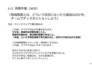 3-1）洞察作業（30分）
「地域発展とは、どういう状況になったら達成なのかを、
チームでディスカッションしよう」
⽅法︓マインドマップで書き留める
※ この後、アイデアを出す作業があります。
コツは、具体的な状態を描くこと。
具体的な誰かが、喜ぶ顔が想像できること。
（市⺠、という不特定多数で考え続けると、ぼやけて終わるので注意）
この地域発展のイメージを、具体的にするほど、
この後、アイデアは出しやすくなります。
⾃分たちがその未来に向けて
ビジネスアイデアやイベントアイデアを考案するには、
大げさすぎない到達点も、小さな到達点も、
たくさん挙げておくといいでしょう。
83
 