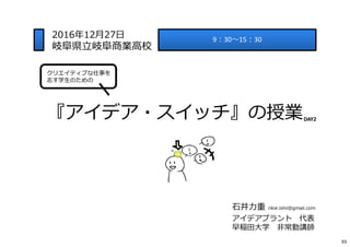 『アイデア・スイッチ』の授業
⽯井⼒重 rikie.ishii@gmail.com
アイデアプラント 代表
早稲田大学 非常勤講師
9︓30〜15︓30
2016年12月27日
岐⾩県⽴岐⾩商業⾼校
クリエイティブな仕事を
志す学生のための
DAY2
93
 